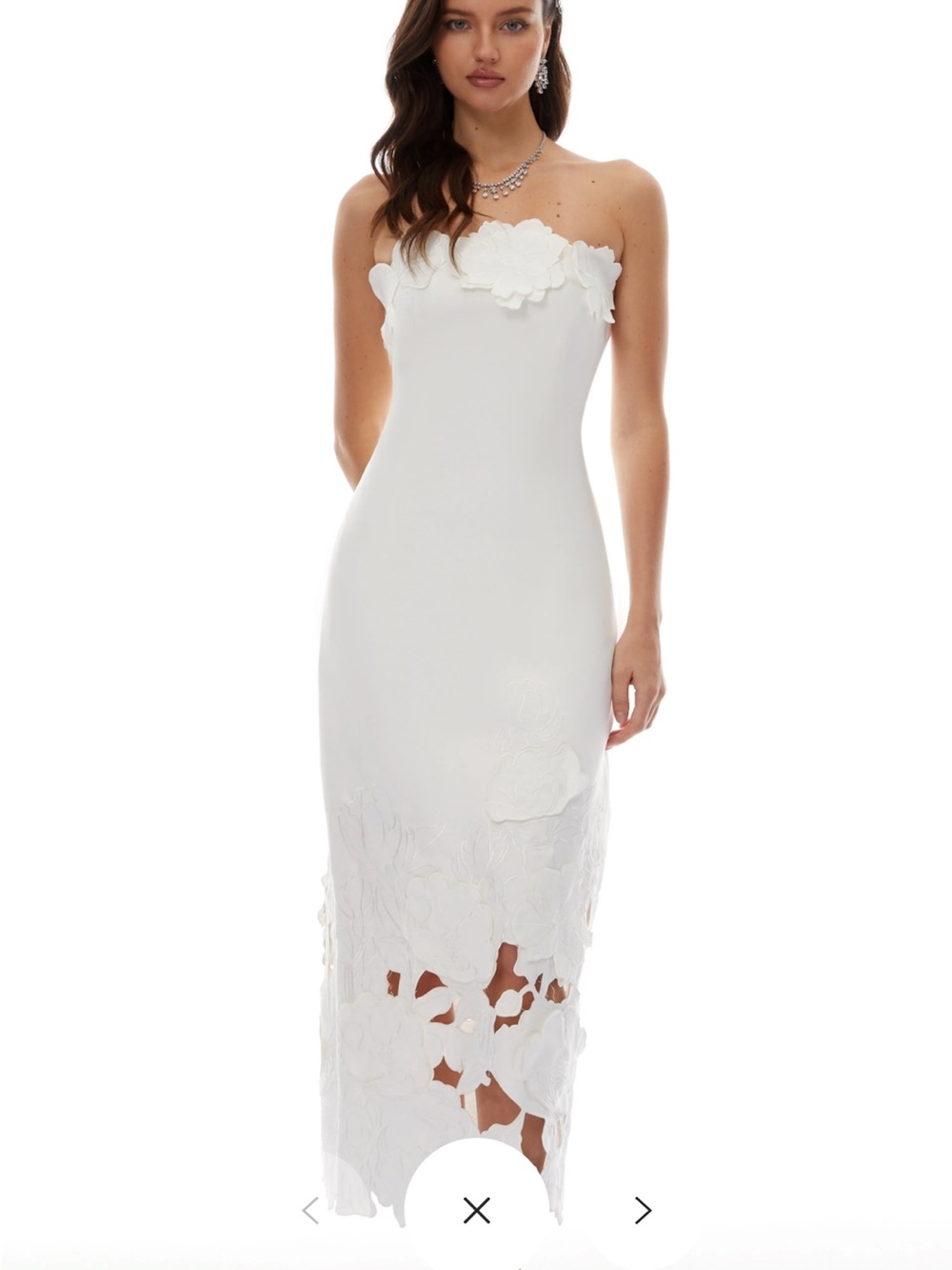 Strapless White Floral-Appliqué Maxi Dress